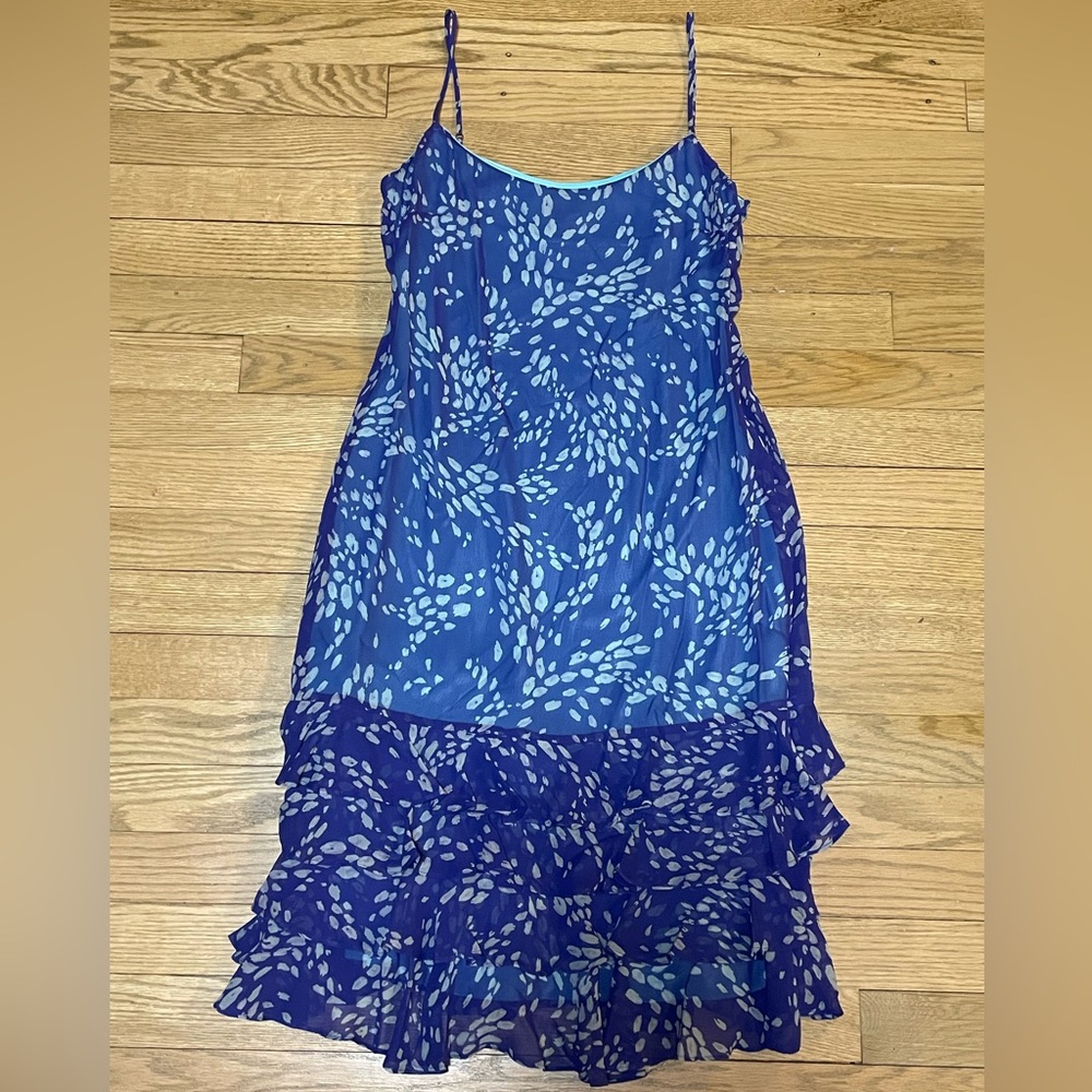 BCBGMaxAzria Abstract Blue Spaghetti Straps Tiered Ruffle Skirt Party Dress